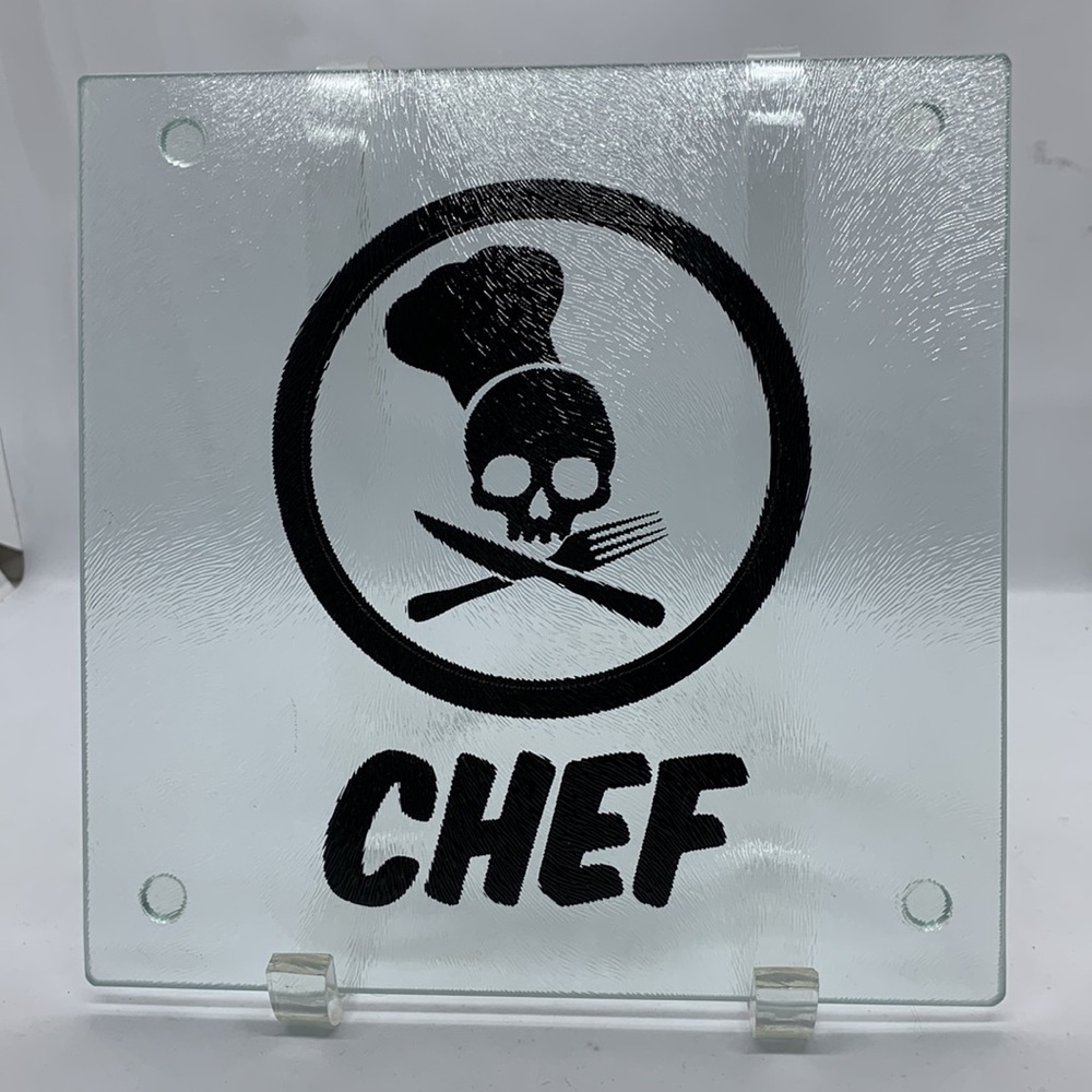 Glass Cutting Board Trivet Chef Hat Skull & Crossbones CHEF